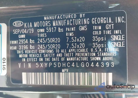 2020 Kia Telluride Sx z USA, uszkodzony, nr VIN 5XYP5DHC4LG044393